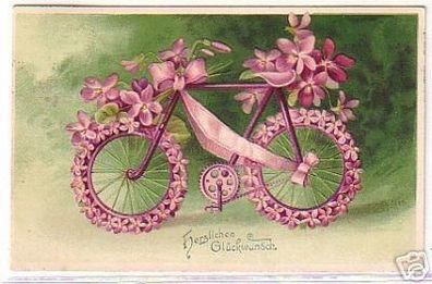 16620 Glückwunsch Ak Fahrrad mit Blumen 1906