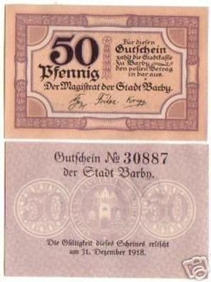 2 Banknoten Notgeld Stadt Barby 1918