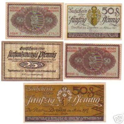 5 Banknoten Notgeld Stadt Dresden 1917-1921