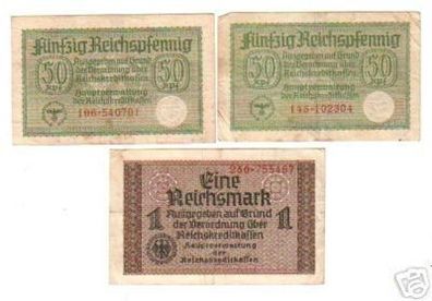 3 Banknoten 2 x 50 Pfennig, 1 Mark Reichskreditkassen