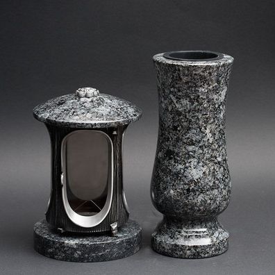 Grabschmuck Set Grab-lampe Grabvase Vase und Grablicht Grablampe Granit Azul noche