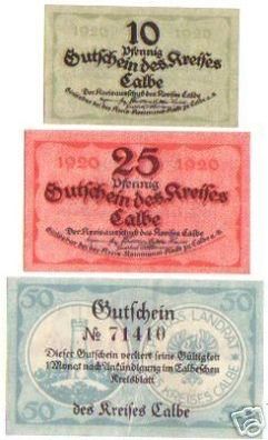 3 Banknoten Notgeld des Kreis Calbe 1920