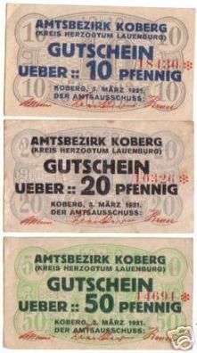 3 Banknoten Notgeld des Amtsbezirk Koberg 1921