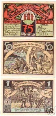 3 Banknoten Notgeld der Stadt Wesenberg 1921
