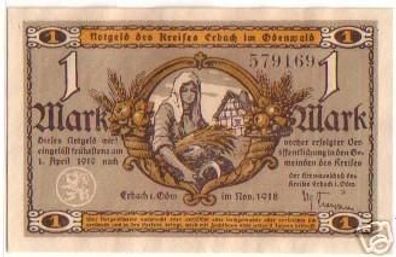 1 Mark Banknote Notgeld Kreis Erbach im Odenwald 1918
