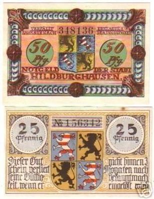 2 Banknoten Notgeld der Stadt Hildburghausen 1921
