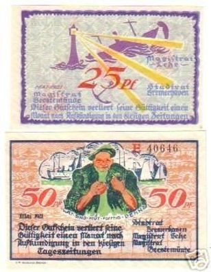2 Banknoten Notgeld der Stadt Bremerhaven 1921