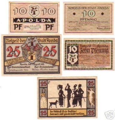 5 Banknoten Notgeld der Stadt Apolda 1921