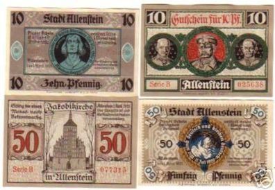 4 Banknoten Notgeld der Stadt Allenstein Ostpr. 1921