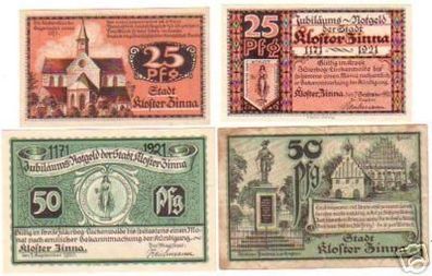 4 Banknoten Notgeld der Stadt Kloster Zinna 1921
