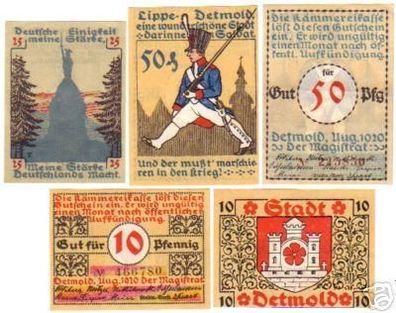 5 Banknoten Notgeld der Stadt Detmold Lippe 1920