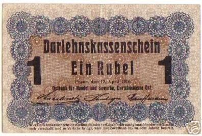 seltene Banknote Ostbank Posen 1 Rubel 1916