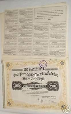 seltene Aktie Oberösterr. Porzellan-Industrie Wien 1922