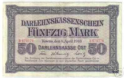 seltene Banknote Darlehnskasse Ost Kowno 50 Mark 1918