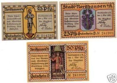 3 Banknoten Notgeld der Stadt Nordhausen 1921