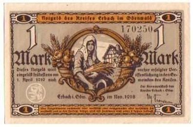 1 Mark Banknote Notgeld Kreis Erbach im Odenwald 1919
