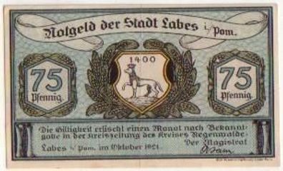75 Pfennig Banknote Notgeld Stadt Labes in Pom. 1921