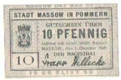 10 Pfennig Banknote Notgeld Stadt Massow in Pom. 1920
