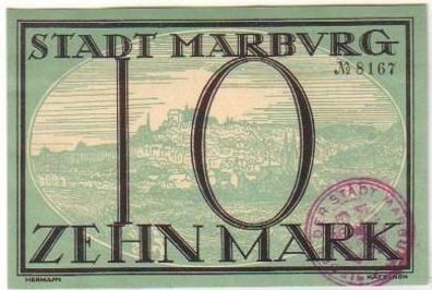 Banknote 10 Mark Großnotgeld Stadt Marburg 1918