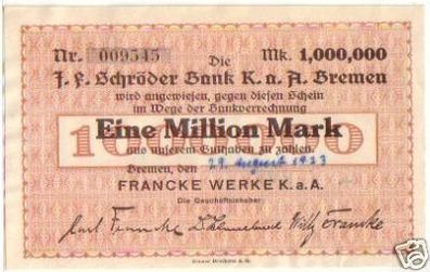 Banknote Inflation 1 Milllion Bremen Francke Werke 1923