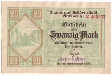 Banknote 20 Mark Großnotgeld Stadt Karlsruhe 1918