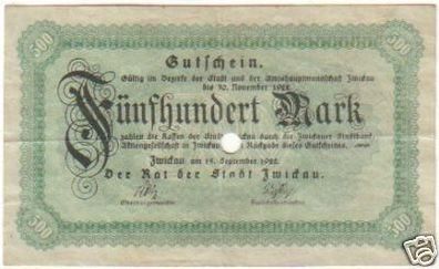 Banknote 500 Mark Großnotgeld Stadt Zwickau 1922