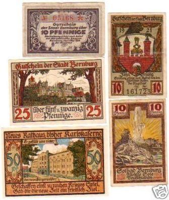 5 Banknoten Notgeld der Stadt Bernburg um 1920