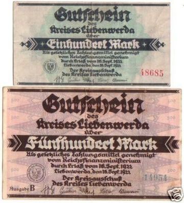 2 Banknoten Inflation Kreis Liebenwerda 1922