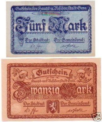 2 Banknoten 5 & 20 Mark Großnotgeld Stadt Gera 1919