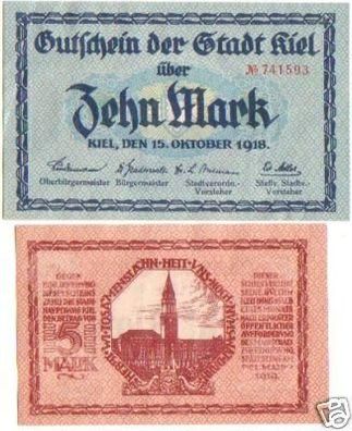 2 Banknoten 5 & 10 Mark Großnotgeld Stadt Kiel 1918