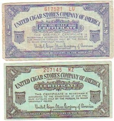 2 alte Reklamebanknoten United Cigar Store Company