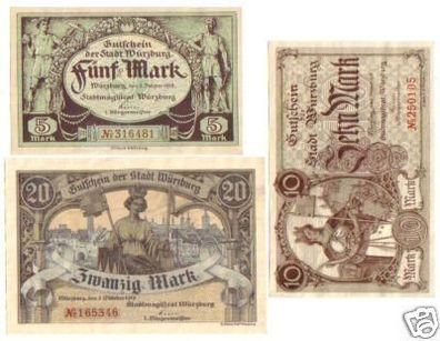 3 Banknoten Großnotgeld Stadt Würzburg 1918
