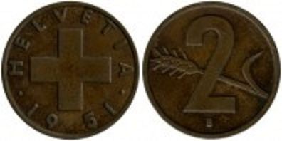 Schweiz Helvetia 1951 2 rappen Buchstabe B, Material: Bronze, keine Beschädigung