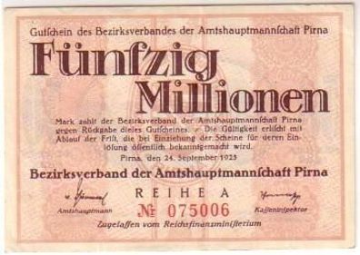 Banknote Inflation 50 Millionen Pirna 24.09.1923