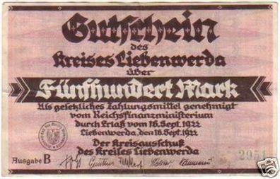 500 Mark Banknote Inflation Kreis Liebenwerda 16.9.1922