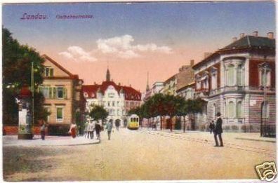 20570 Ak Landau Ostbahnstrasse mit Straßenbahn 1919