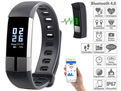 newgen medicals Fitness-Armband mit Blutdruck-Anzeige, Herzfrequenz & Bluetooth, IP67