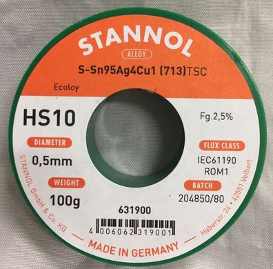 Stannol Lötdraht Typ Hs10 2510 S-Sn95,5Ag3,8Cu0,7 (713) Ø 0,5 mm Spule mit 100g