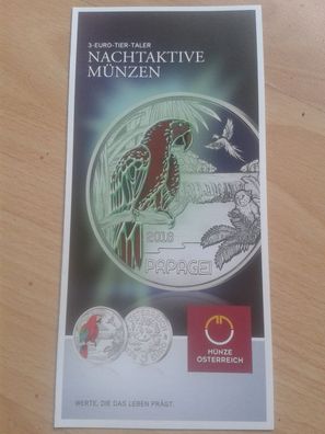 Folder/ Flyer für Original 3 euro 2018 Österreich Papagei - Münze leuchtet im Dunkeln