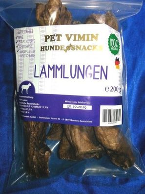 44,50€/1kg) Hunde Kausnack o. Zusatzstoffe, Lammlungen ,200 gr., schonend getrocknet