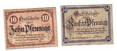 2 Banknoten Notgeld Amtshauptmannschaft Zwickau 1919