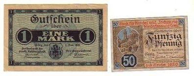 2 Banknoten Notgeld Stadt Greiz 1918-1919
