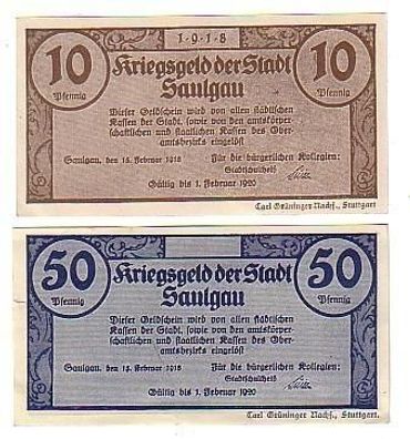 2 Banknoten Kriegs Notgeld Stadt Saulgau 1918