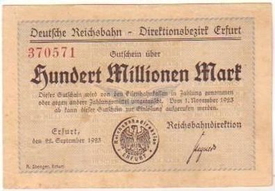 seltene Banknote 100 Millionen Reichsbahn Erfurt 1923