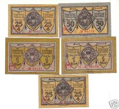 5 Banknoten Notgeld Stadt Ulm an der Donau 1920