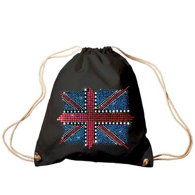 Trend-Bag Turnbeutel Rucksack mit Glitzer-Strass-Veredelung Flagge Fahne Grossbritann