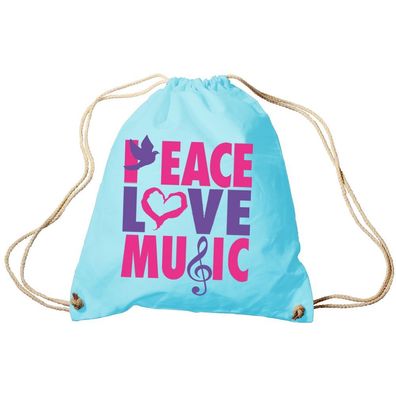 Trend-Bag Turnbeutel Sporttasche Rucksack mit Print - Peace Love Music - TB09017 hell