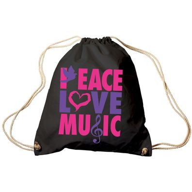 Trend-Bag Turnbeutel Sporttasche Rucksack mit Print - Peace Love Music - TB09017 schw
