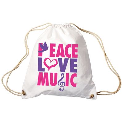 Trend-Bag Turnbeutel Sporttasche Rucksack mit Print - Peace Love Music - TB09017 weiÃ