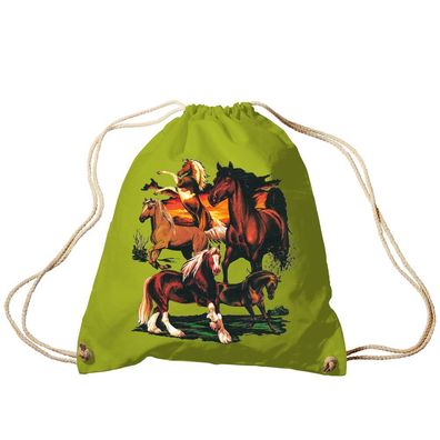 Trend-Bag Turnbeutel Sporttasche Rucksack mit Print - Pferde - TB12667 limegrün